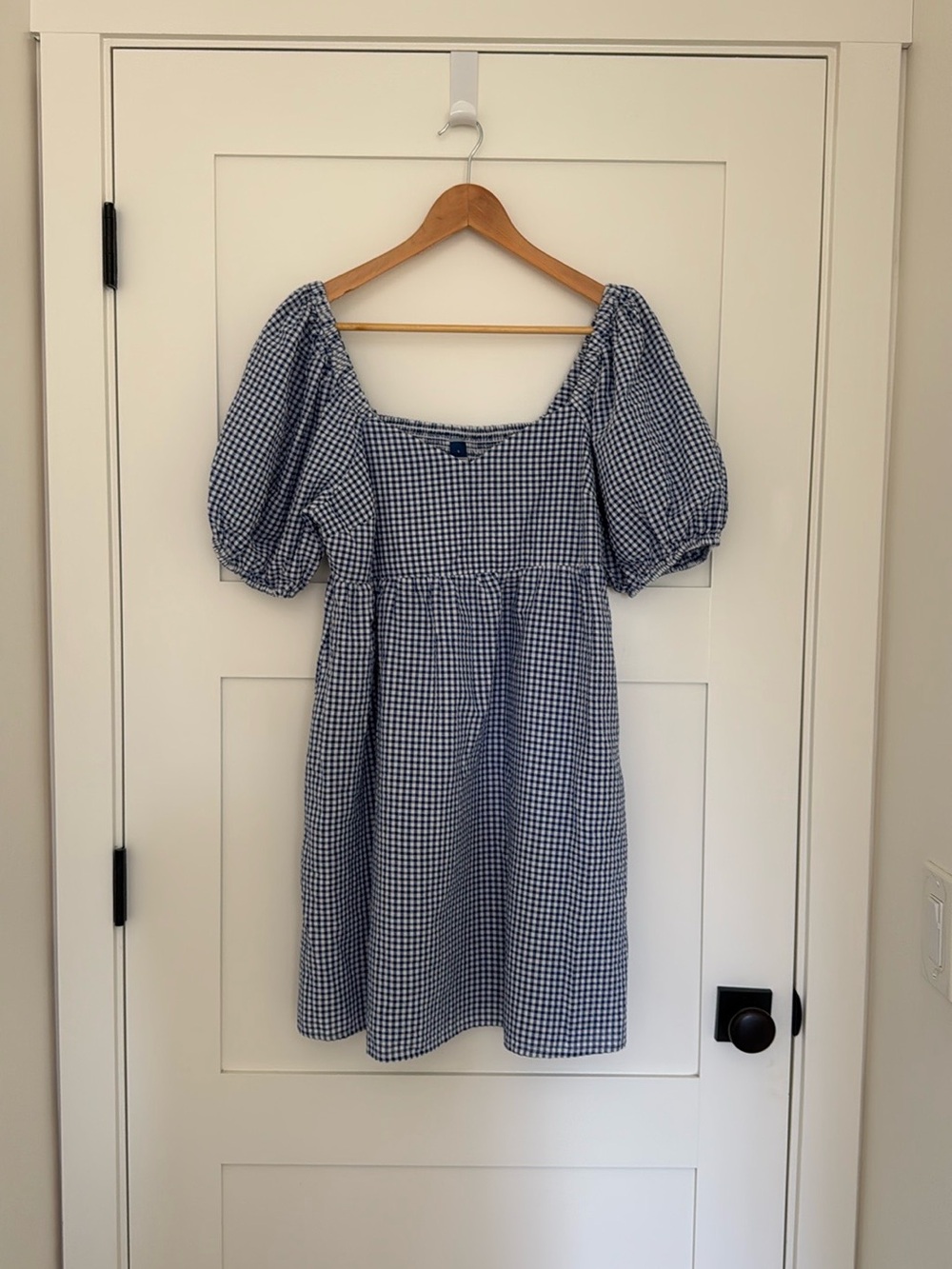 Old Navy Blue Gingham Puff Sleeve Mini Dress Pockets Size S